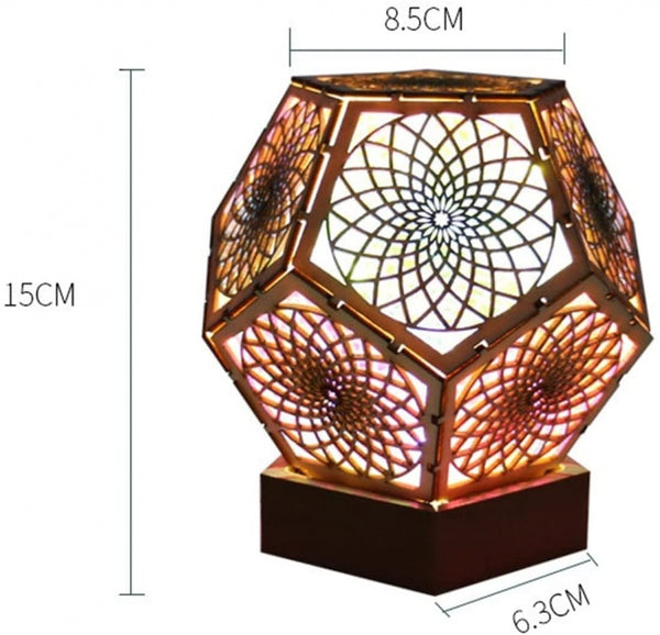 Bohemian Star Projection Lamp - Floor Lantern | Wood Craft featuring intricate geometric wood panels and colorful LED light projections for home decor.